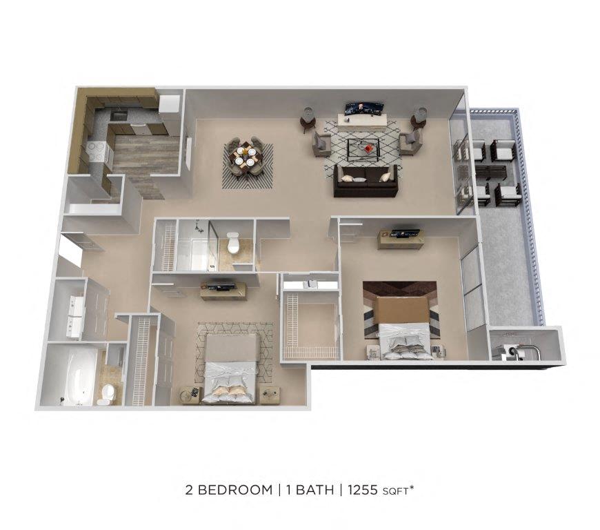 Floor plan for 2 beds, 2 baths, 1255 sqft